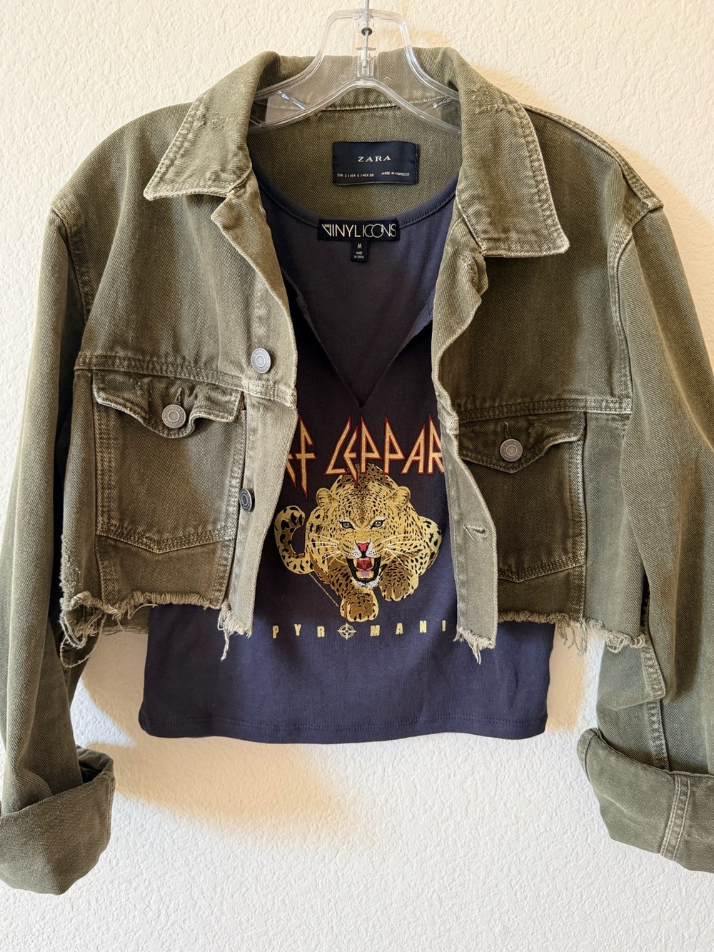 ZARA Vintage Olive Green Cropped Denim Jacket with Tank Top Included! (S/M)